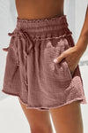 Rose Pink Smocked Raw Edge Drawstring Pocketed Shorts | Available in 5 Colors