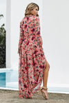 Pastel Red Floral Print Ruffle Trim Plunge Neckline Maxi Dress