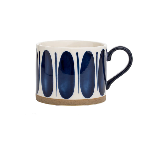 White Ceramic Coffee Cup with Blue Modern Designs