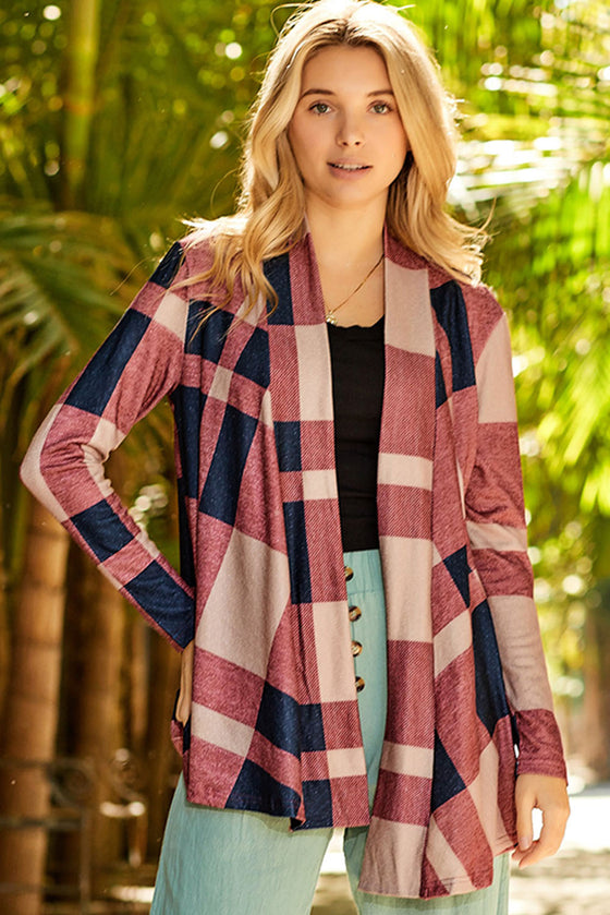 Red Plaid Casual Draped Open Front Cardigan