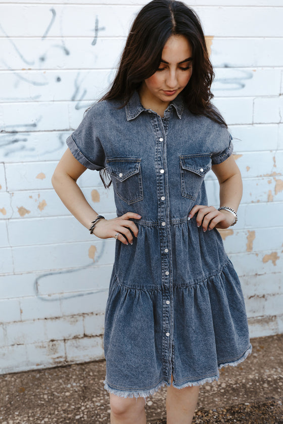 Blue Button Up Short Sleeve Denim Shirt Dress