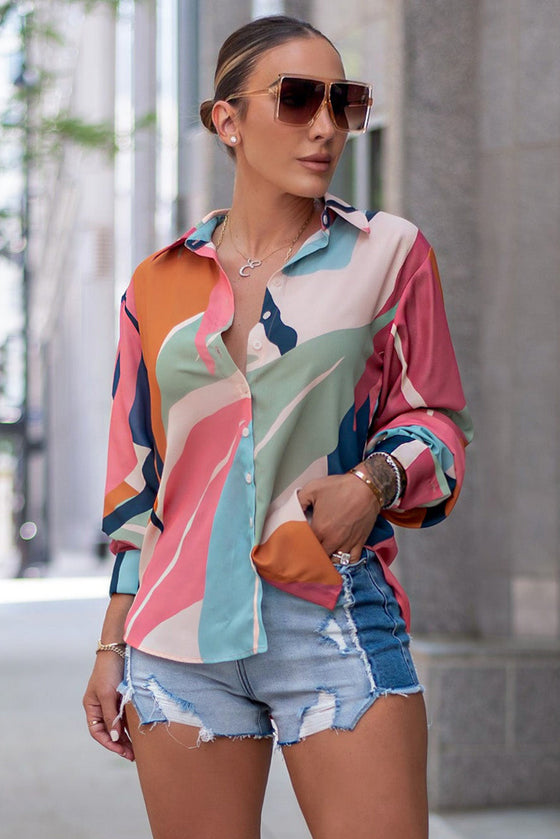 Multicolor Abstract Print Cuffed Sleeve Shirt