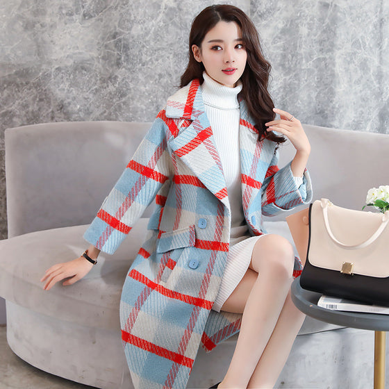 Red and Blue Plaid Long Woolen Coat for Women