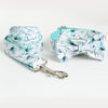 Turquoise Leaf on White Dog Collar and Bowtie with Leash