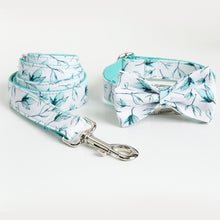  Turquoise Leaf on White Dog Collar and Bowtie with Leash