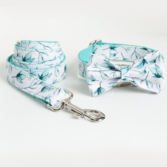 Turquoise Leaf on White Dog Collar and Bowtie with Leash