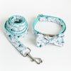 Turquoise Leaf on White Dog Collar and Bowtie with Leash