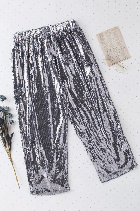 Silver High Waisted Drawstring Cropped Sequin Pants