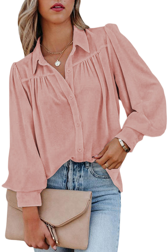 Khaki Solid Color Casual Button Up Puff Sleeve Pleated Shirt | Available in Other Colors