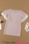 Pastel Pink Lace Trim Flutter Sleeve Blouse for Women