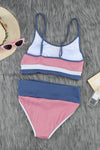 Pink Colorblock Spaghetti Straps Ribbed High Waist Bikini Swimsuit