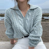 Light Blue Lapel Cable Knit Sweater | Available in 2 Colors