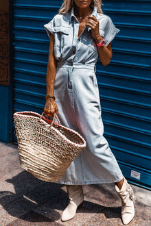  Blue Denim Batwing Sleeve Maxi Dress