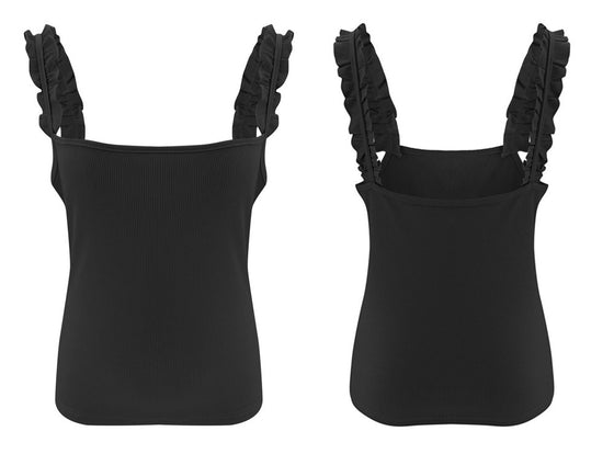 Ribbed Tank-top with Ruffled Shoulder Straps
