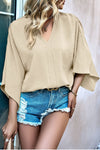 Beige Crinkled V Neck Bell Sleeve Blouse  (Pre-Order Only)