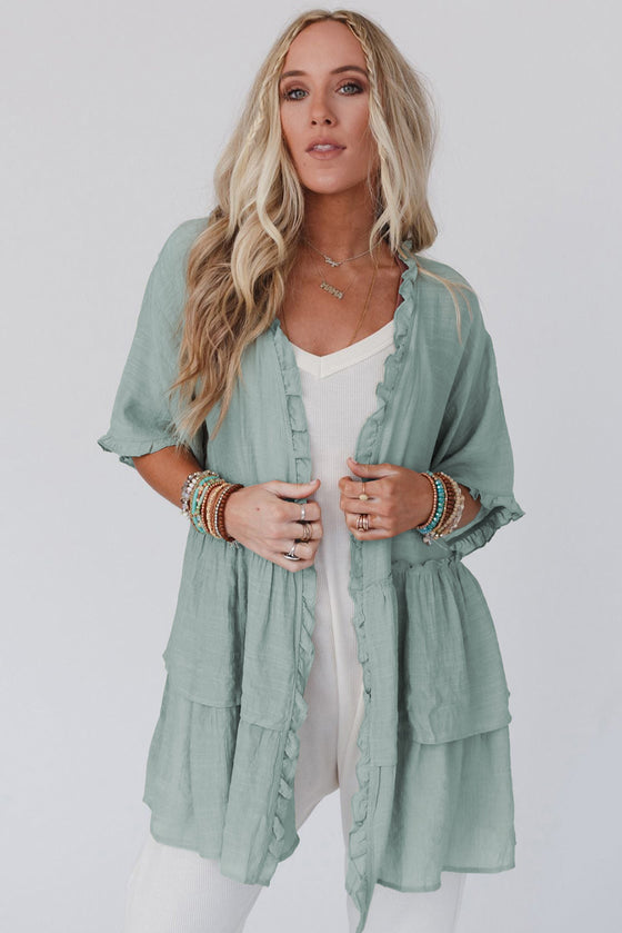 Green Ruffled Trim Short Sleeve Open Front Kimono | Available in Other Colors