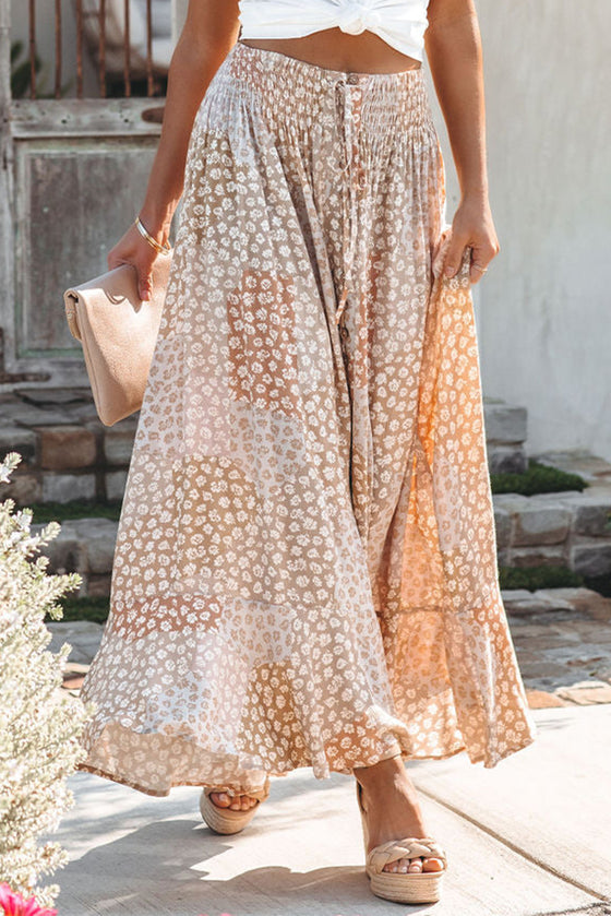 Peach Colored Boho Flower Print Smocked Waist Button Slit Maxi Skirt