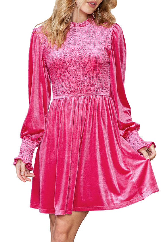 Rose Red Smocked Lantern Sleeve Frilled Velvet Dress | Available in Other Colors