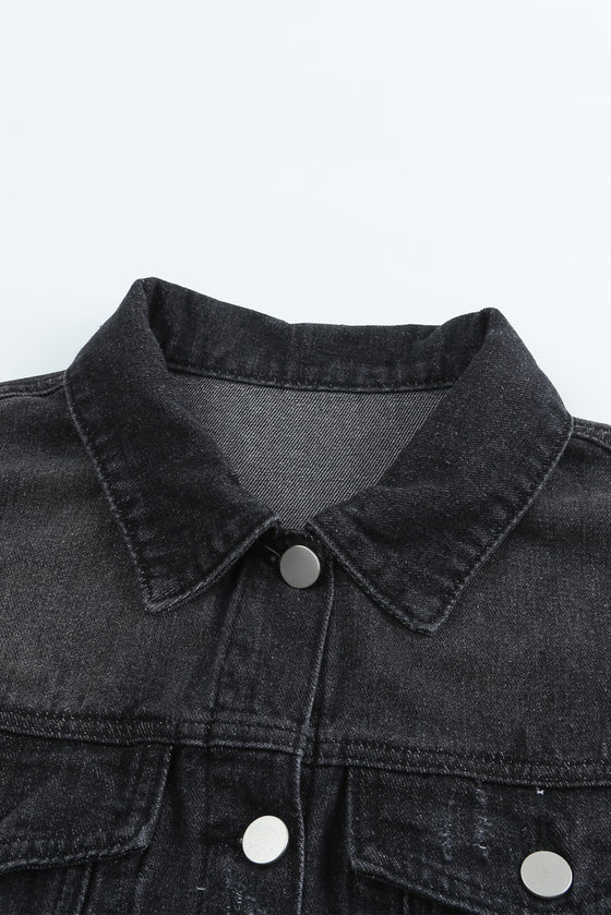 Black Casual Distressed Raw Hem Buttons Denim Jacket | Available in 3 Colors