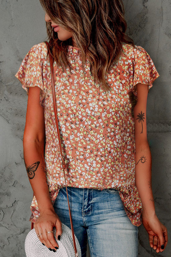 Orange Boho Ruffle Neck Flounce Sleeve Floral Blouse | Available in 3 Colors