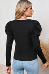 Black Solid Puff Sleeve Ribbed Knit Top