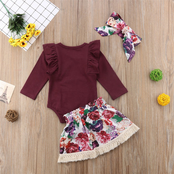 Maroon Baby Onesie and Floral Skirt with Headband | Available in Several Sizes