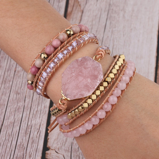 Quartz Stone Leather Wrap Bracelet Set