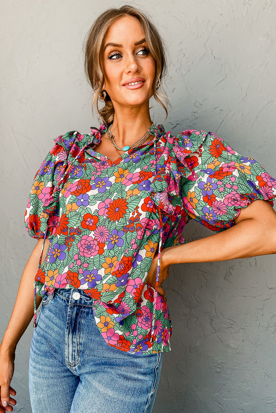 Red Boho Floral Puff Sleeve Blouse