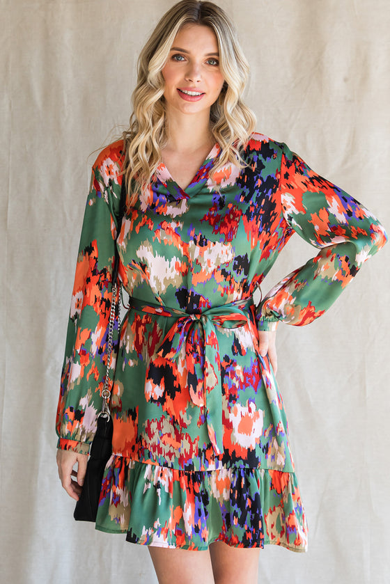 Abstract Print Waist Belted Long Sleeve Dress | Other Colors Available