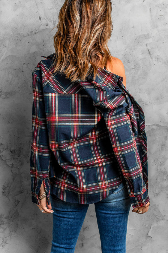 Multicolor Plaid Casual Pockets Asymmetric Long Sleeve Shacket