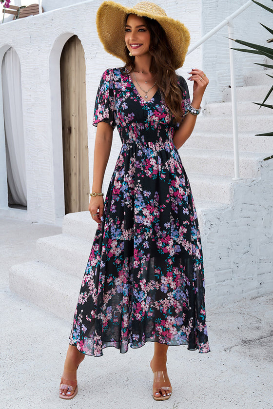 Black Floral Print Shirred Waist V Neck Maxi Dress