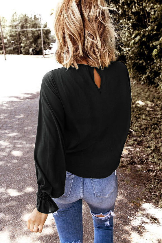 Plain Pullover Smocked Cuffs Long Sleeve Blouse | Available in Black and Red Colors