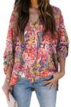 Multicolor Boho Floral Print Long Sleeve V Neck Blouse