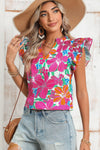 Multicolor Floral Print V Neck Ruffle Shoulder Blouse