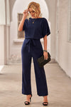 Dark Blue Solid Color Casual Belted Wide Leg Jumpsuit