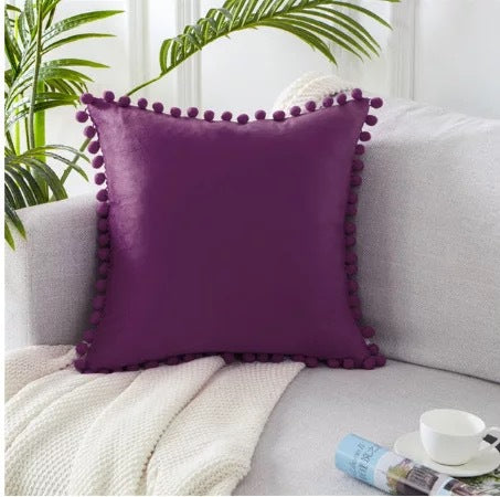 Velvet Throw Pillow Cover with Pom Pom Laced Trim