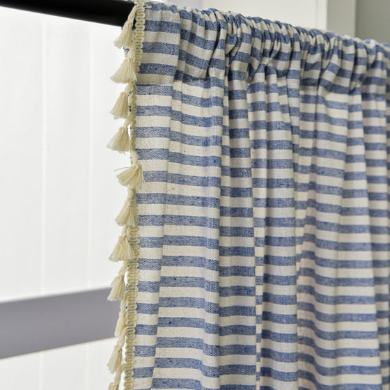 Cotton Linen Horizontal Striped Curtain with Tassel Trim