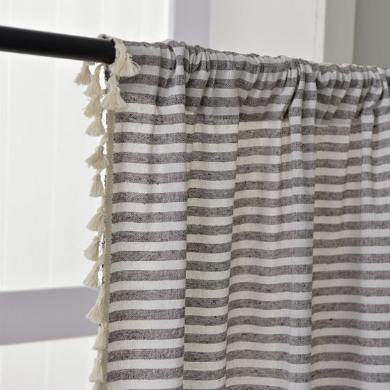 Cotton Linen Horizontal Striped Curtain with Tassel Trim