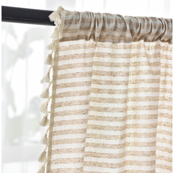 Cotton Linen Horizontal Striped Curtain with Tassel Trim