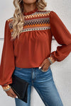 Burnt Orange Geometric Frilled Neck Puff Sleeve Blouse