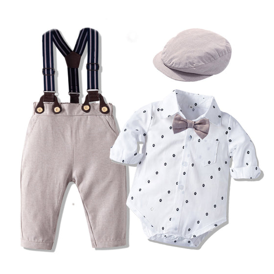 Baby Boy Gentleman's Suspenders, Hat, Bowtie, and White Shirt Outfit