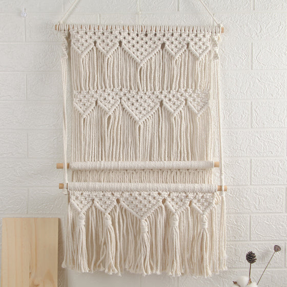 Hand-Woven Macrame Wall Shelf Hanging in Natural Cotton