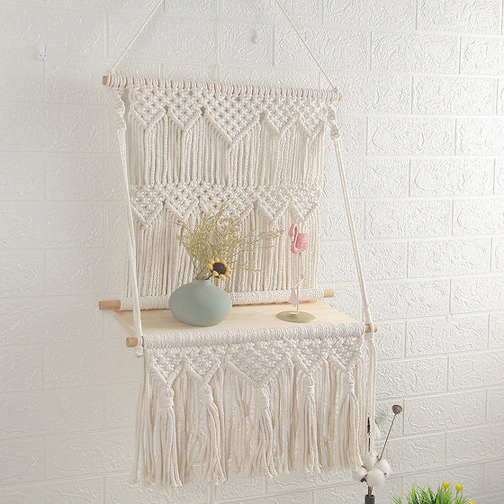 Hand-Woven Macrame Wall Shelf Hanging in Natural Cotton