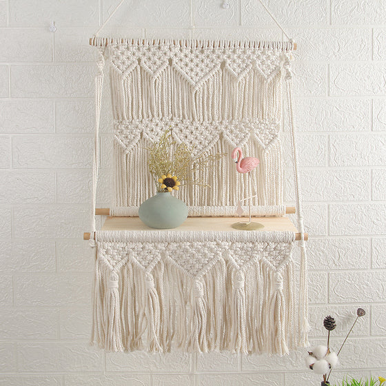 Hand-Woven Macrame Wall Shelf Hanging in Natural Cotton