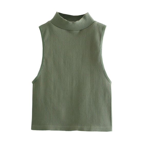 Ribbed Knit High-Neck Sleeveless Top