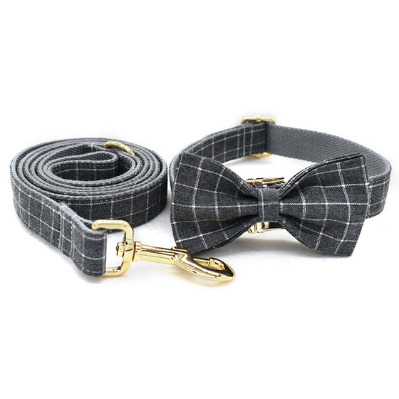 Grey Plaid Collar, Bowtie, and Leash Set