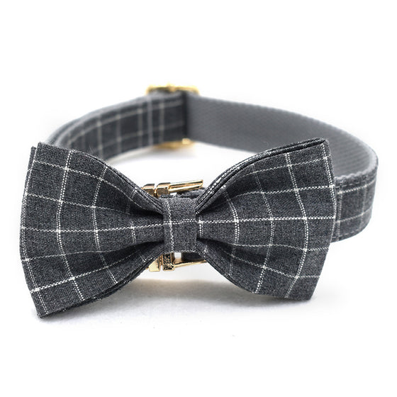 Grey Plaid Collar, Bowtie, and Leash Set