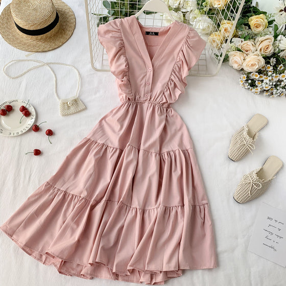 V-neck Ruffled Sleeveless Bellflower Dress