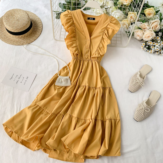 V-neck Ruffled Sleeveless Bellflower Dress