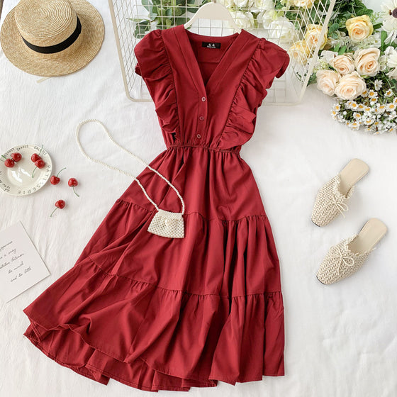 V-neck Ruffled Sleeveless Bellflower Dress